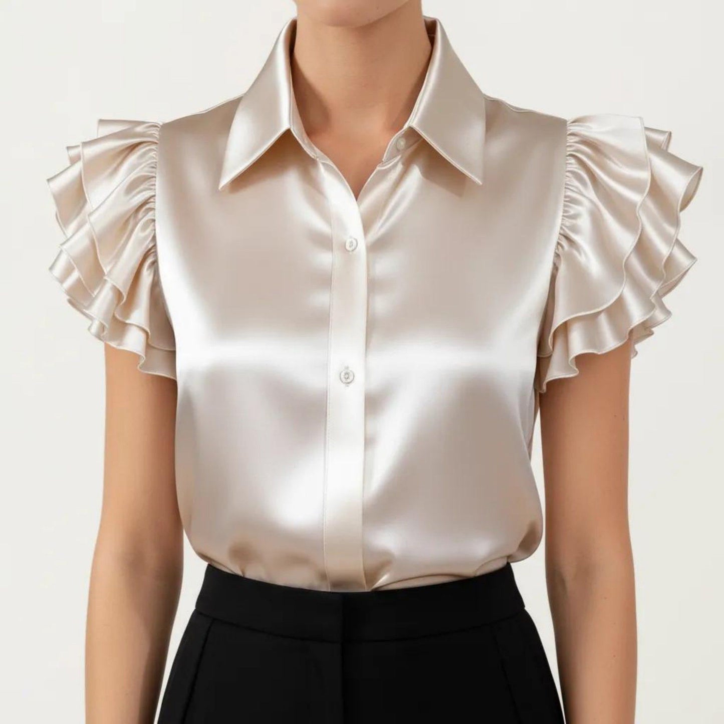 Satin Button Down Blouse with Ruffle Sleeves and Collared Neckline