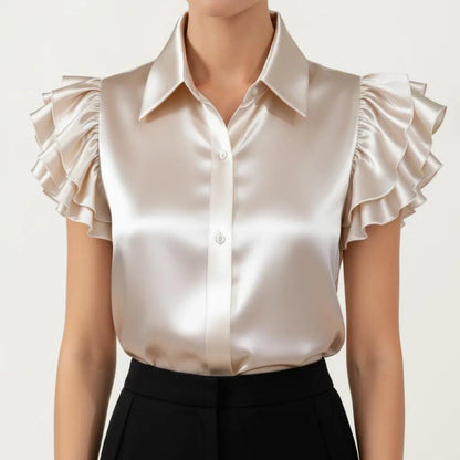 Satin Button Down Blouse with Ruffle Sleeves and Collared Neckline