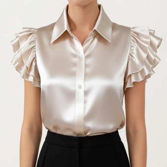 Satin Button Down Blouse with Ruffle Sleeves and Collared Neckline