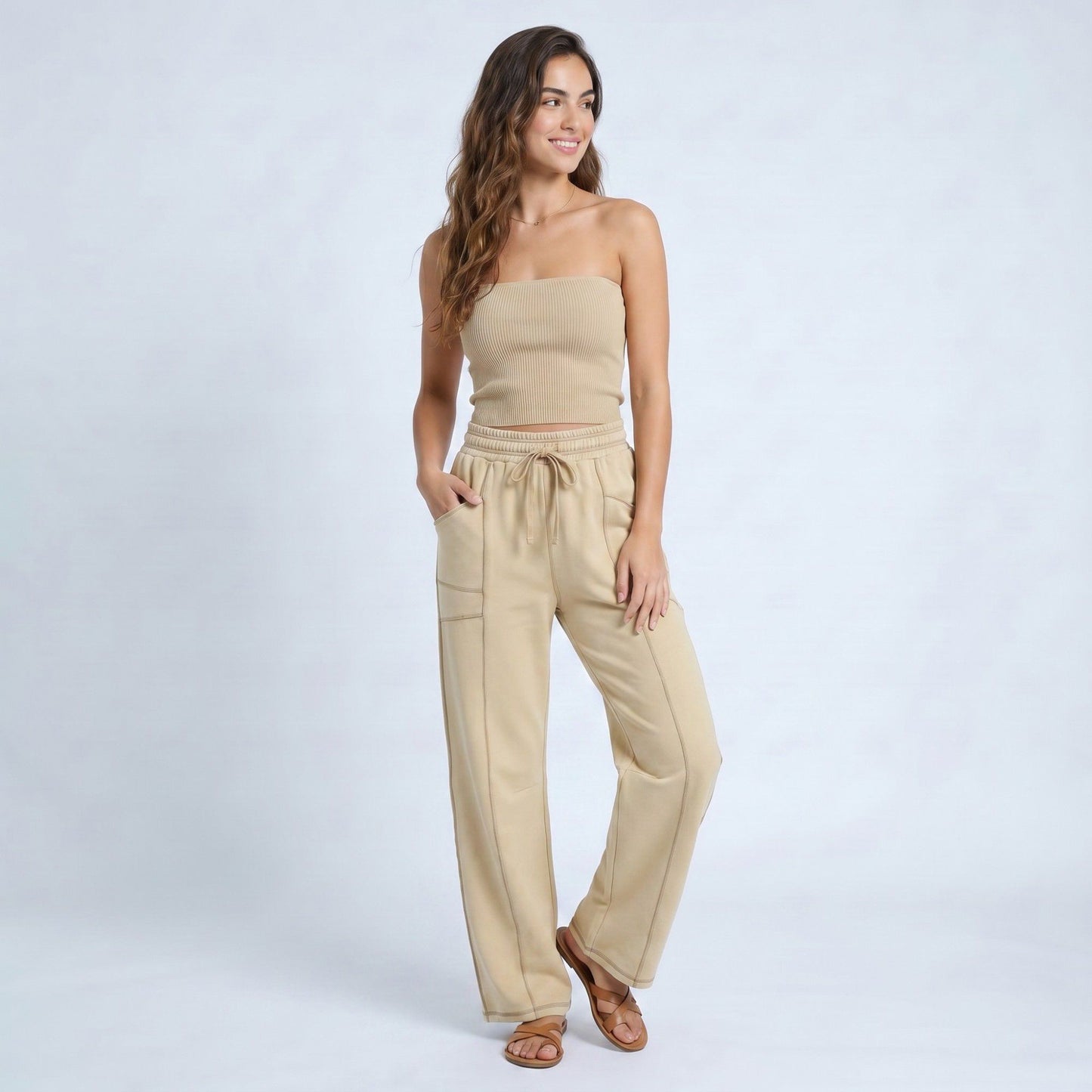 High Rise Drawstring Wide Leg Utility Pants with Patch Pockets