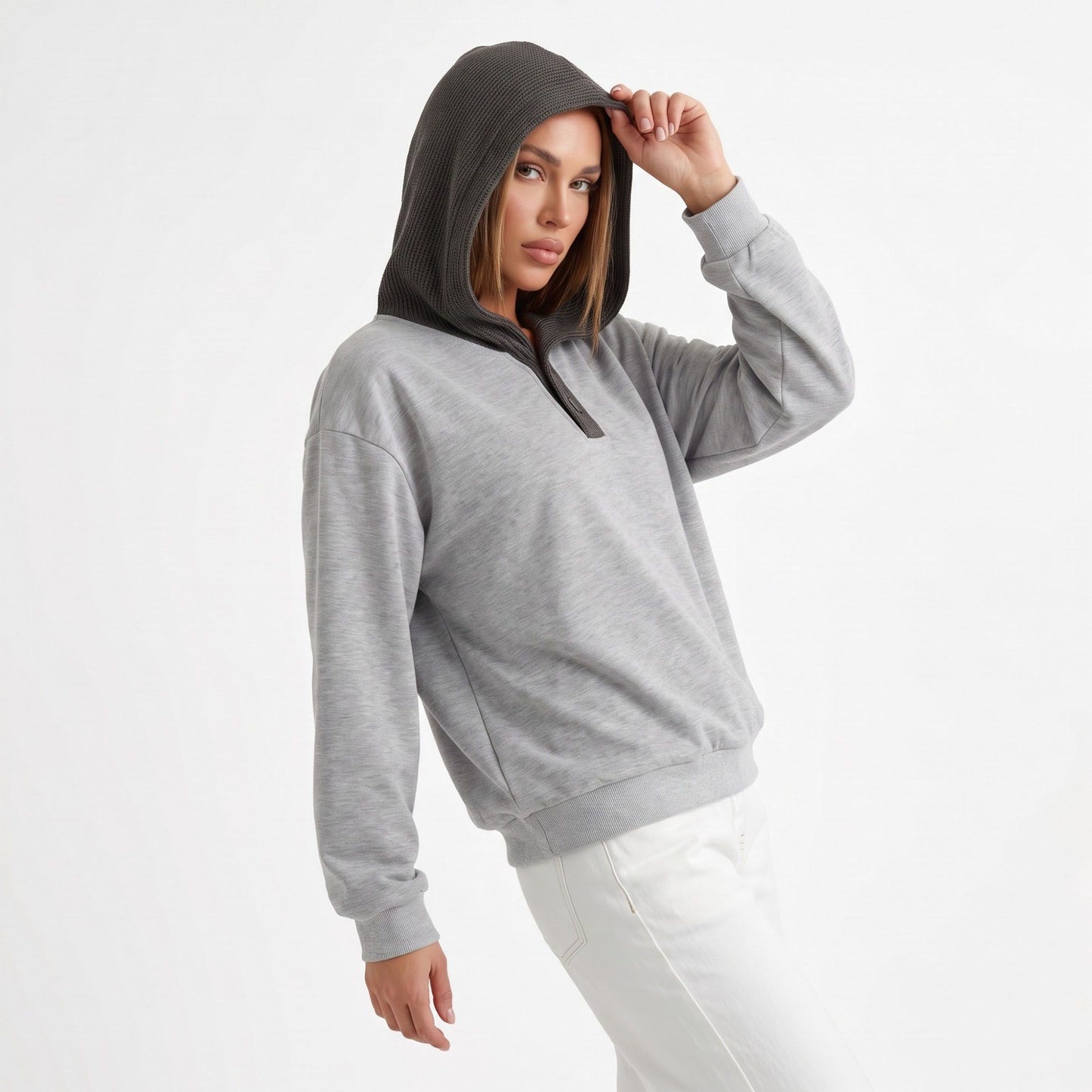 Contrast Collar Henley Long Sleeve Relaxed Pullover Sweatshirt