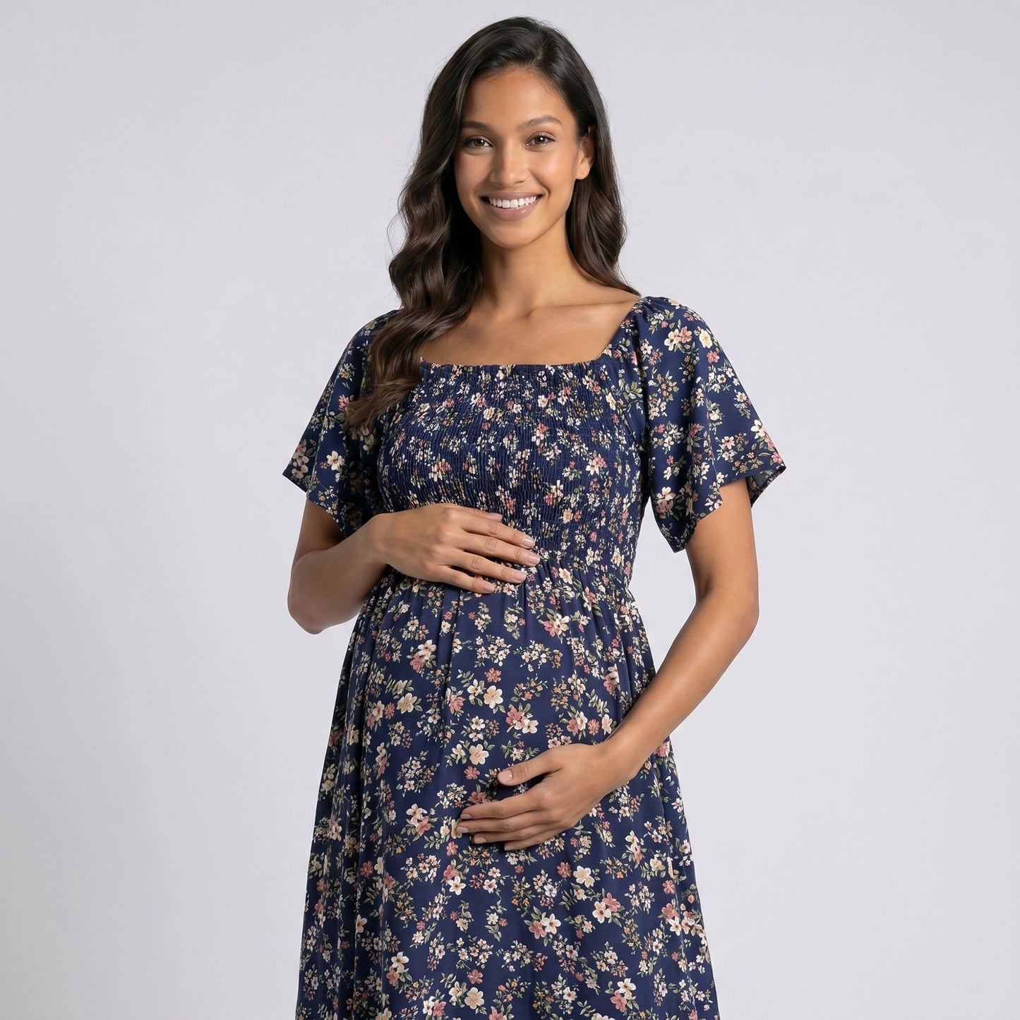 Maternity Floral Square Neck Midi Dress with Short Sleeves and Ruffle Hem