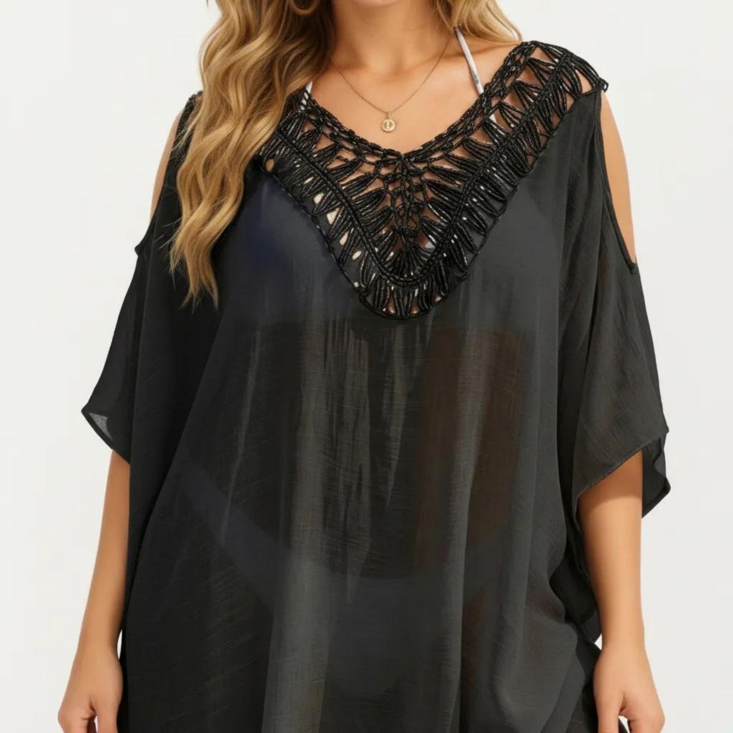 Crochet V Neck Swim Cover Up Dress with Cold Shoulder Sleeves and Relaxed Fit