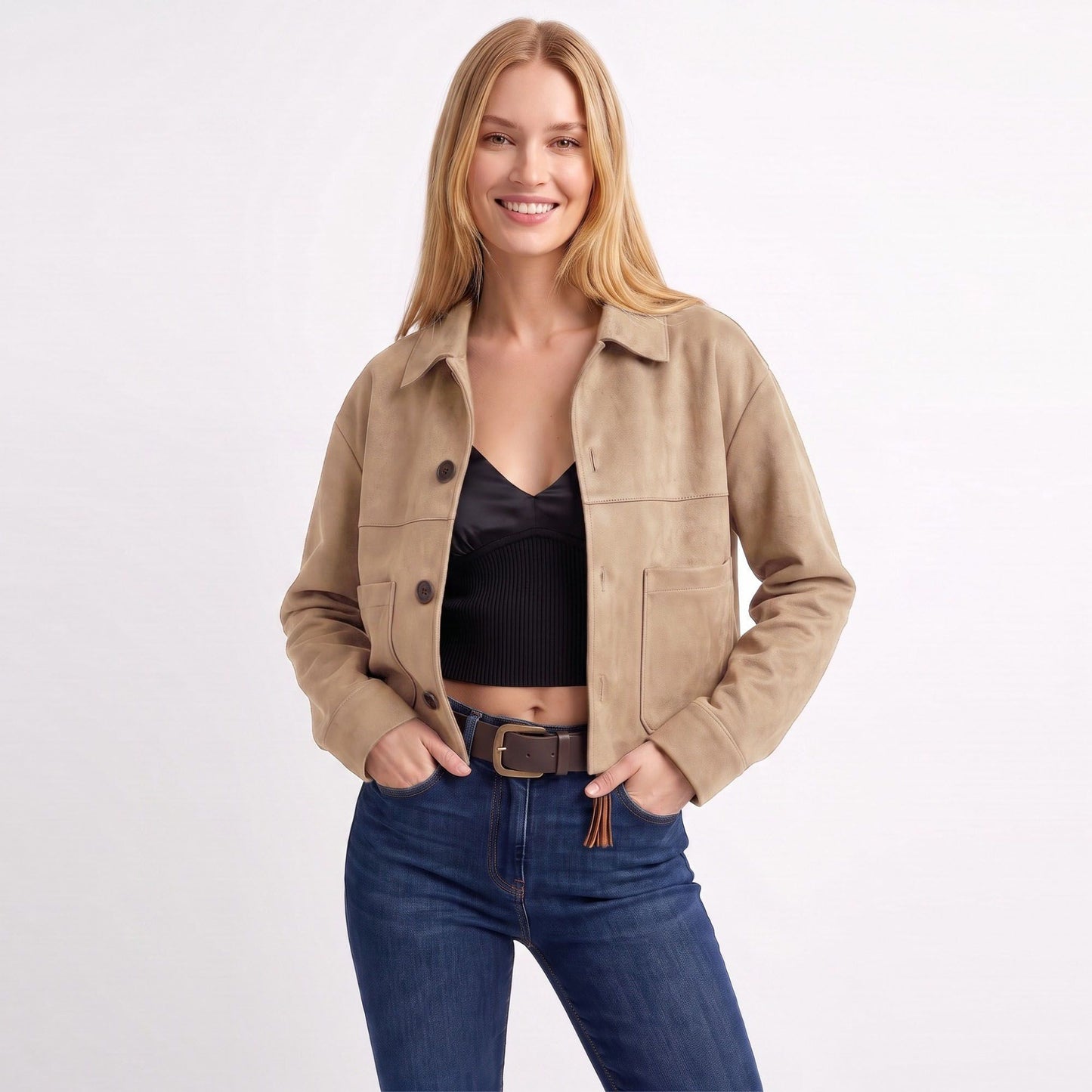 Cropped Button Front Shirt Jacket with Patch Pockets