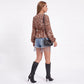 Leopard Print Peplum Blouse V Neck Long Sleeve Casual Top