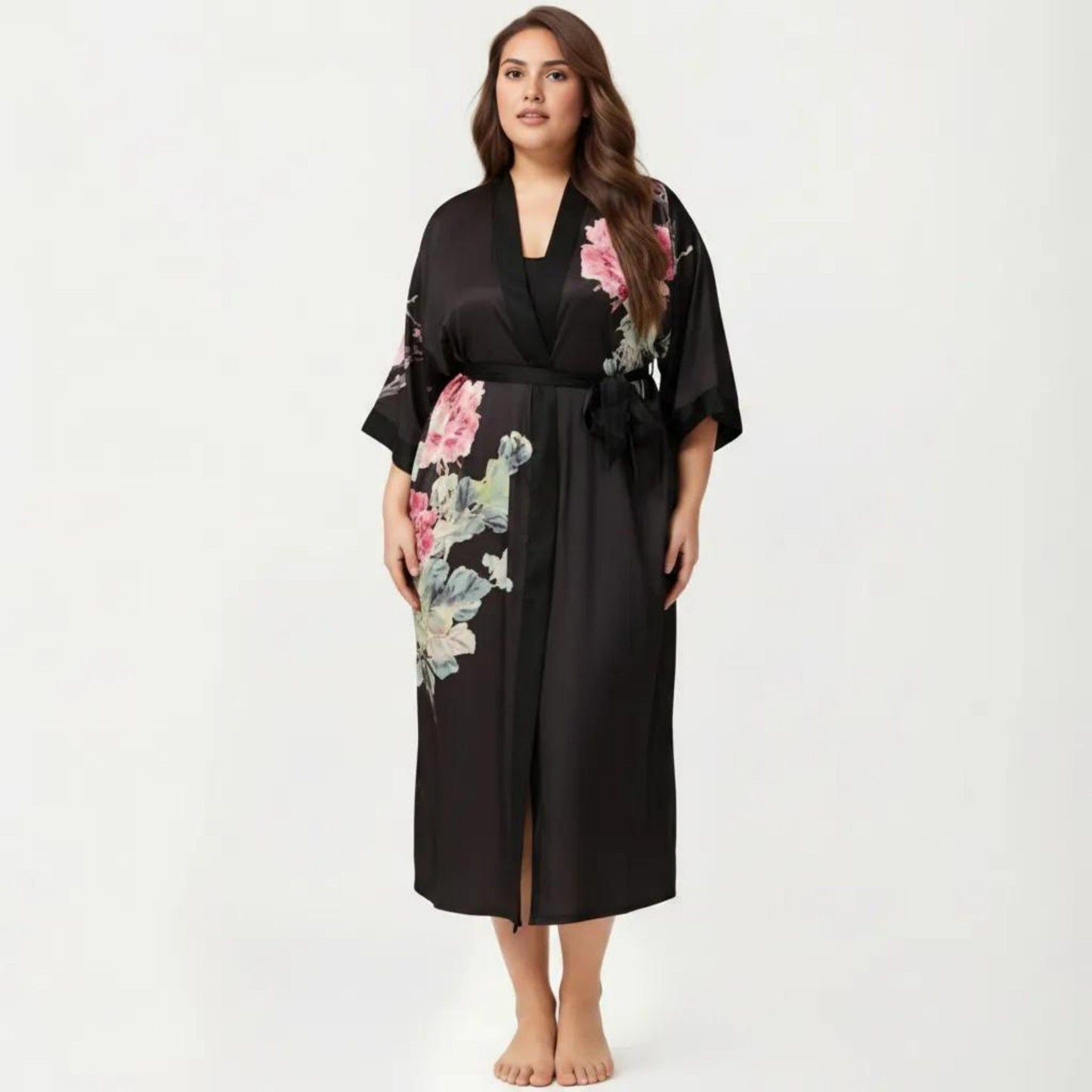Plus Size 2-Piece Floral Kimono Robe Set with Short Sleeve Open Front Longline Cover Up and Matching Inner Dress