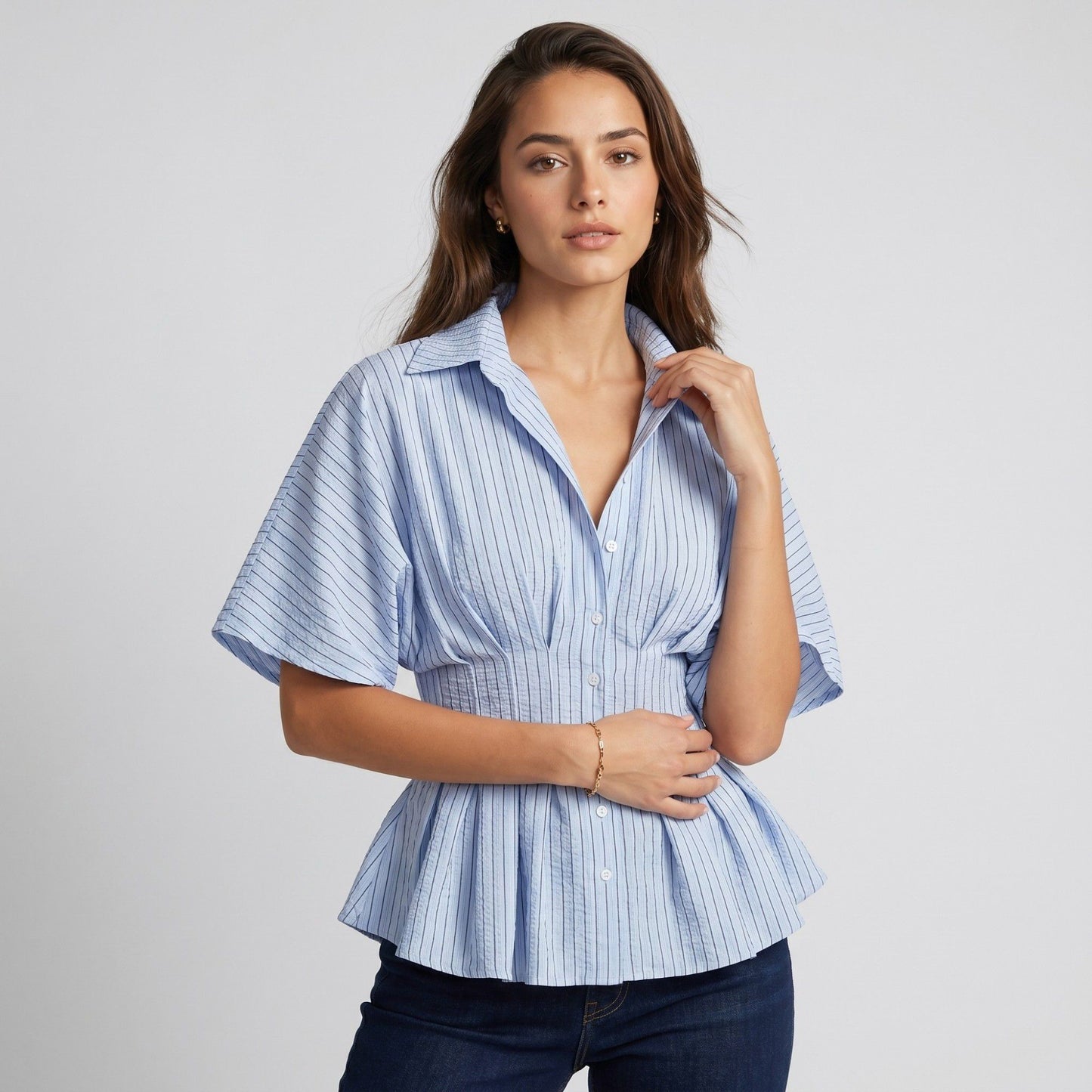 Striped Button Front Peplum Blouse with Collared Neck and Pleated Hem