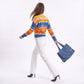 Multicolor Wave Stripe Openwork Knit Long Sleeve Pullover Sweater