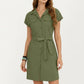 Short Sleeve Button Front Shirt Dress with Collared Neckline and Adjustable Waist Tie
