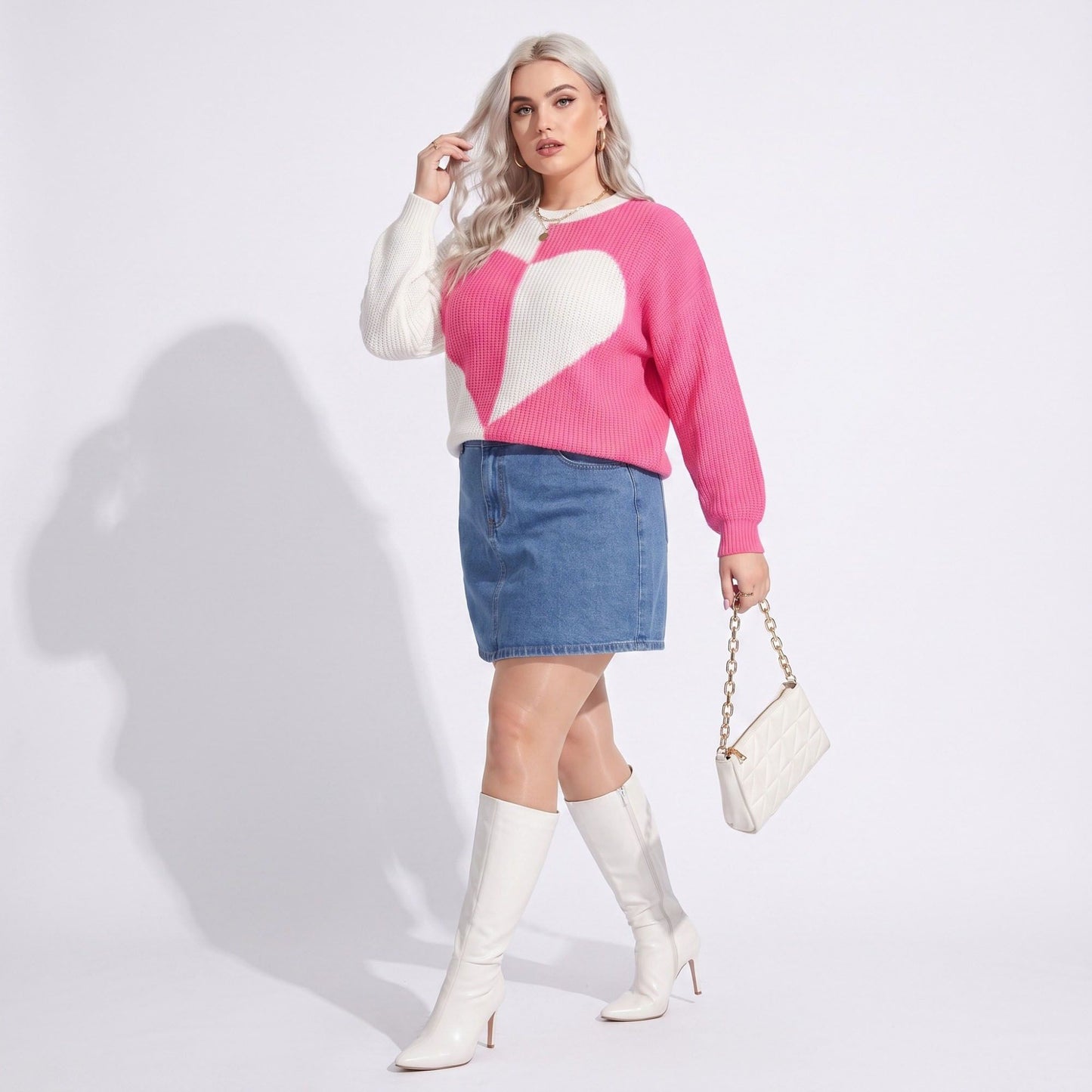 Plus Size Heart Colorblock Crewneck Sweater