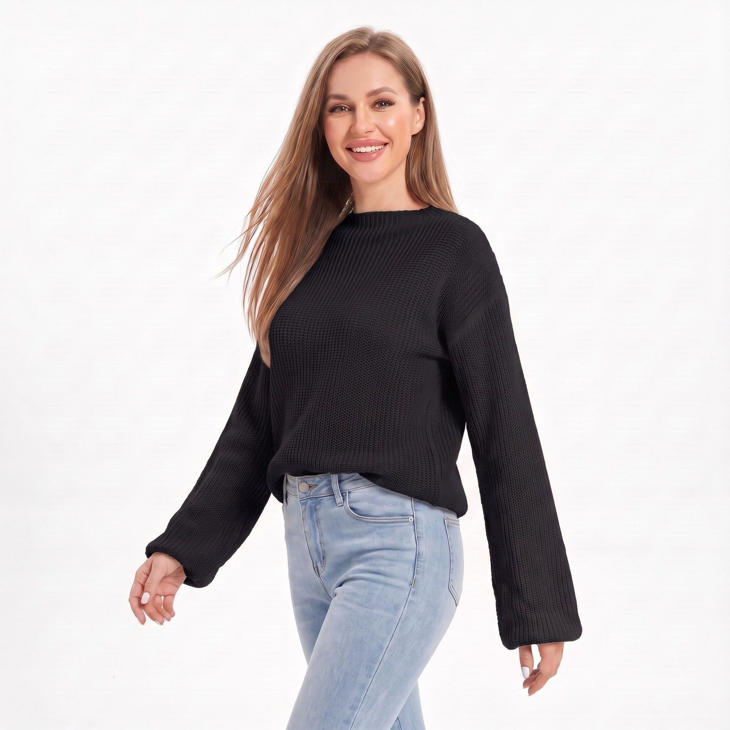 V Neck Textured Knit Pullover Sweater with Long Sleeves
