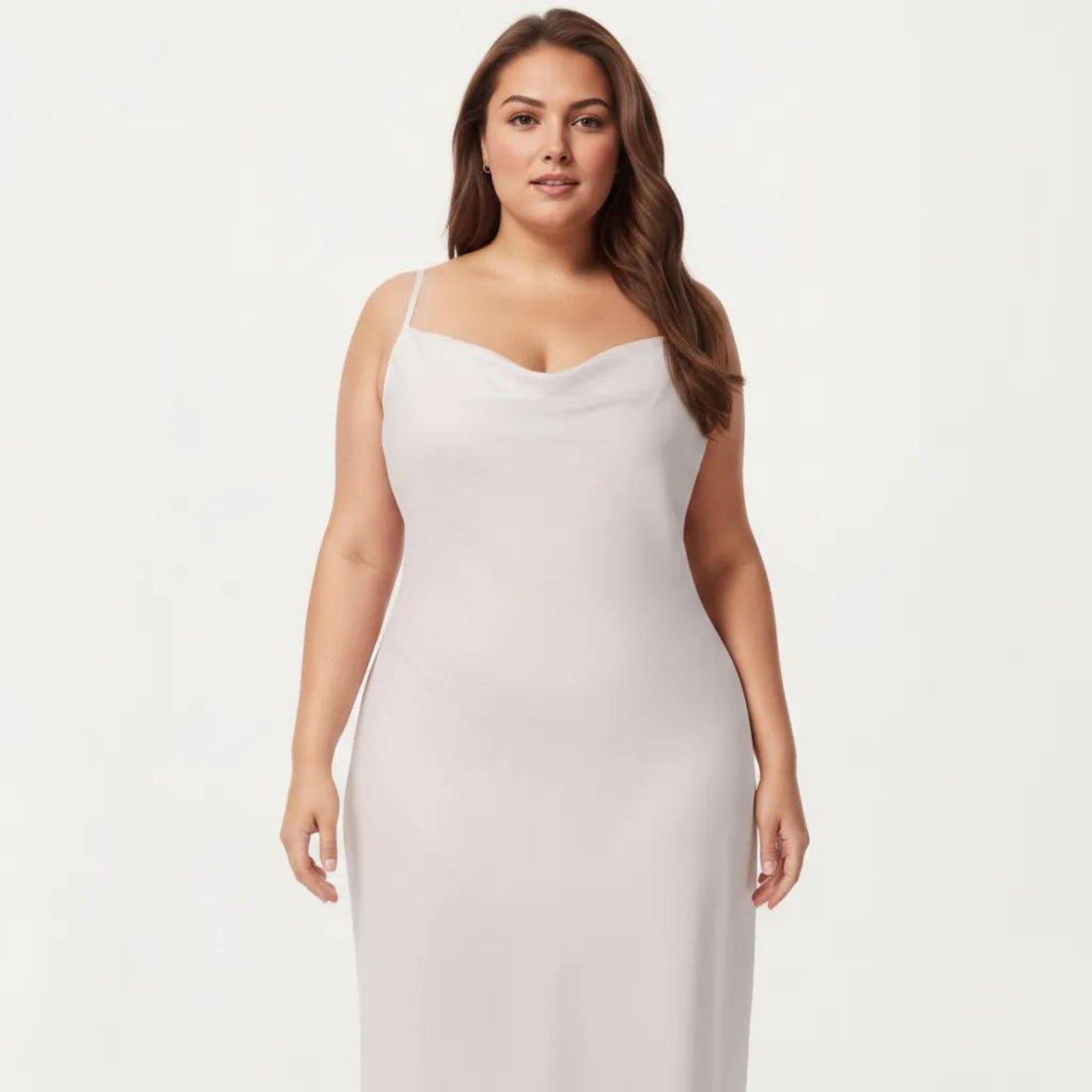 Plus Size Satin Slip Nightgown with Adjustable Spaghetti Straps Midi Length Relaxed Fit Sleepwear Dress