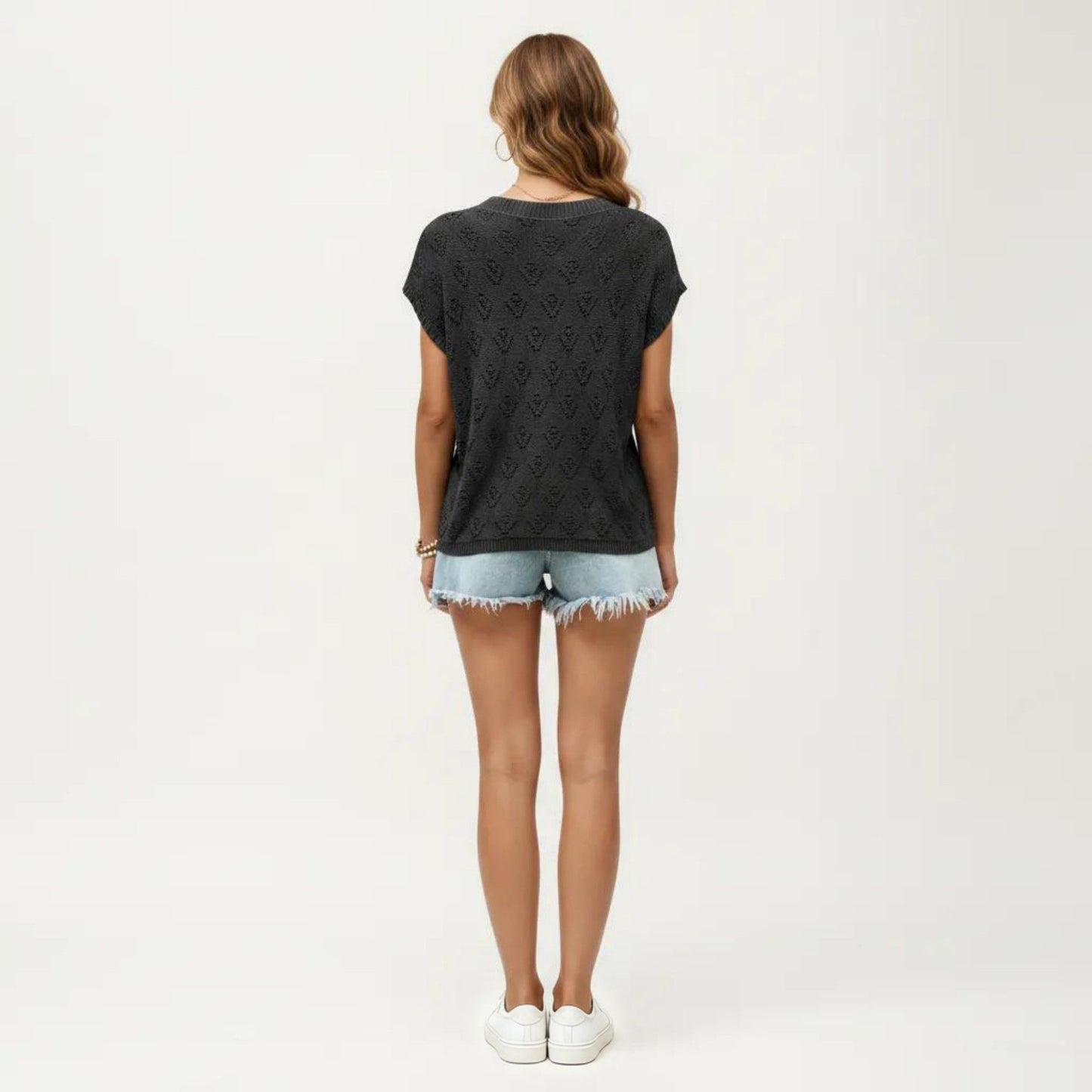 Short Sleeve Knit Top with Floral Eyelet Pattern and Ribbed Crew Neck