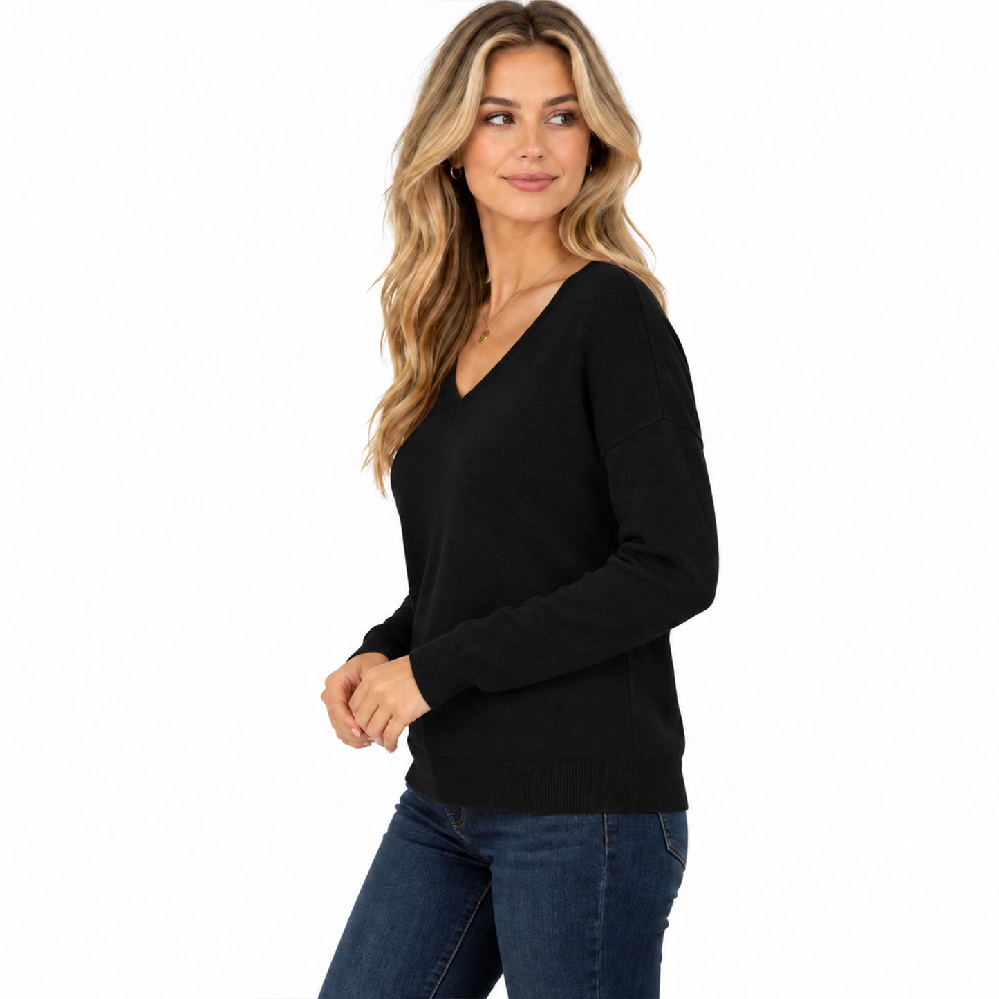V Neck Relaxed Loose Long Sleeve Casual Knit Pullover Sweater