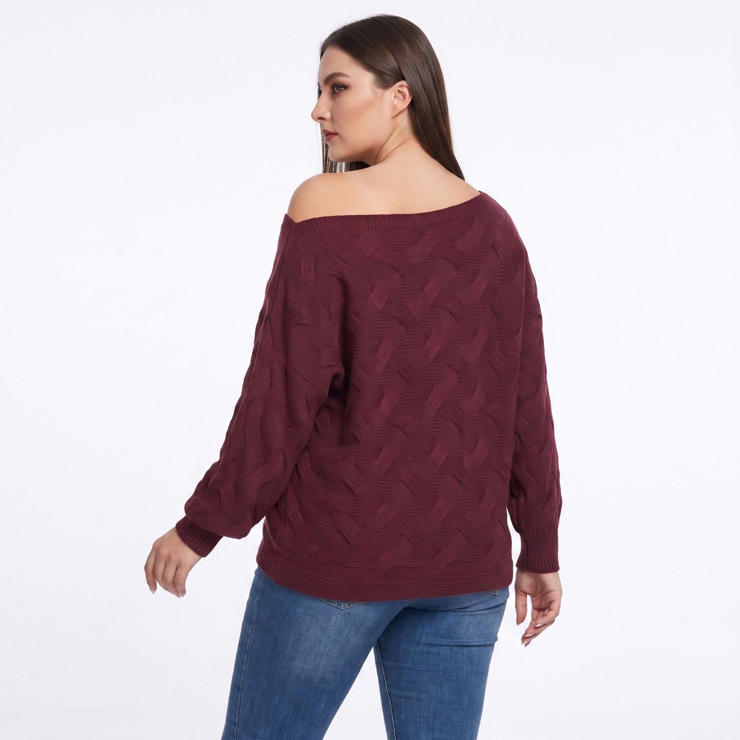 Plus Size Off Shoulder Cable Knit Pullover Sweater