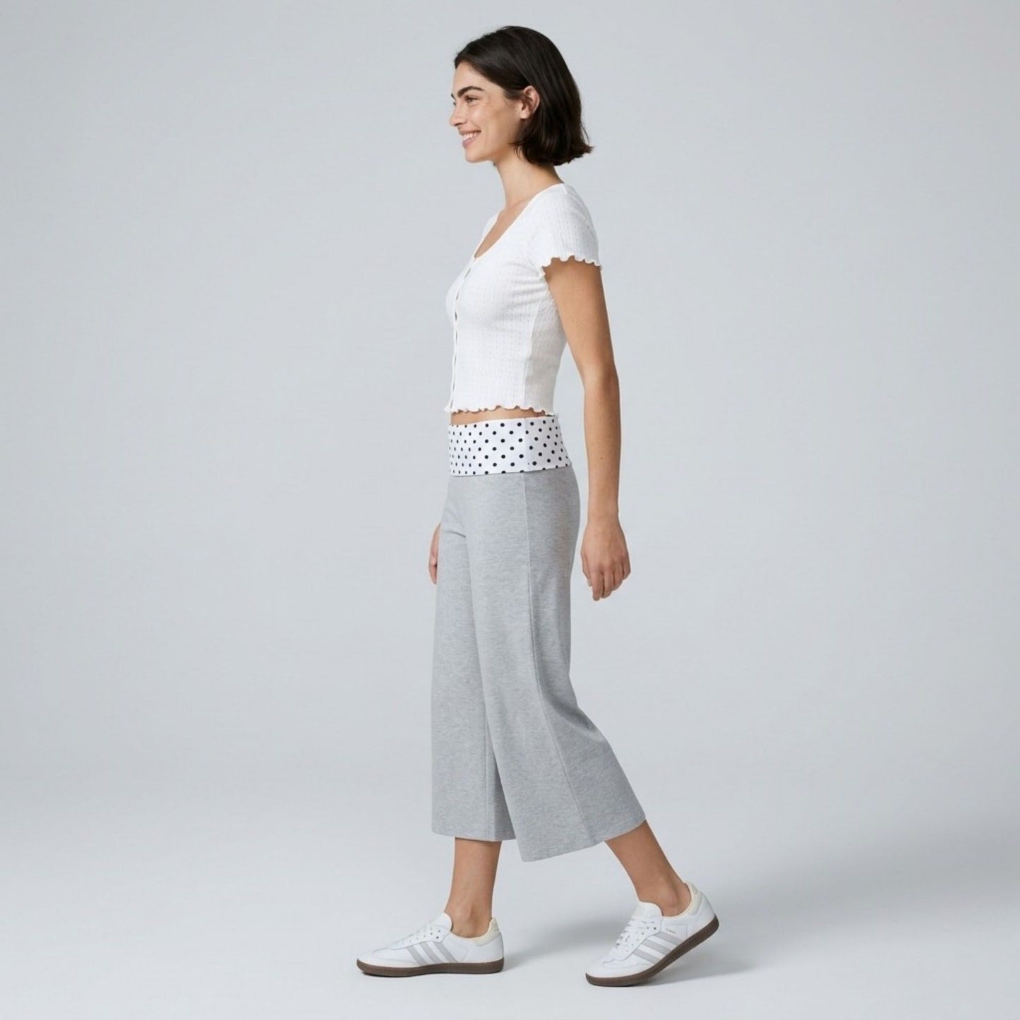 Polka Dot Contrast Waistband Cropped Wide-Leg Trousers
