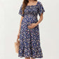 Maternity Floral Square Neck Midi Dress with Short Sleeves and Ruffle Hem