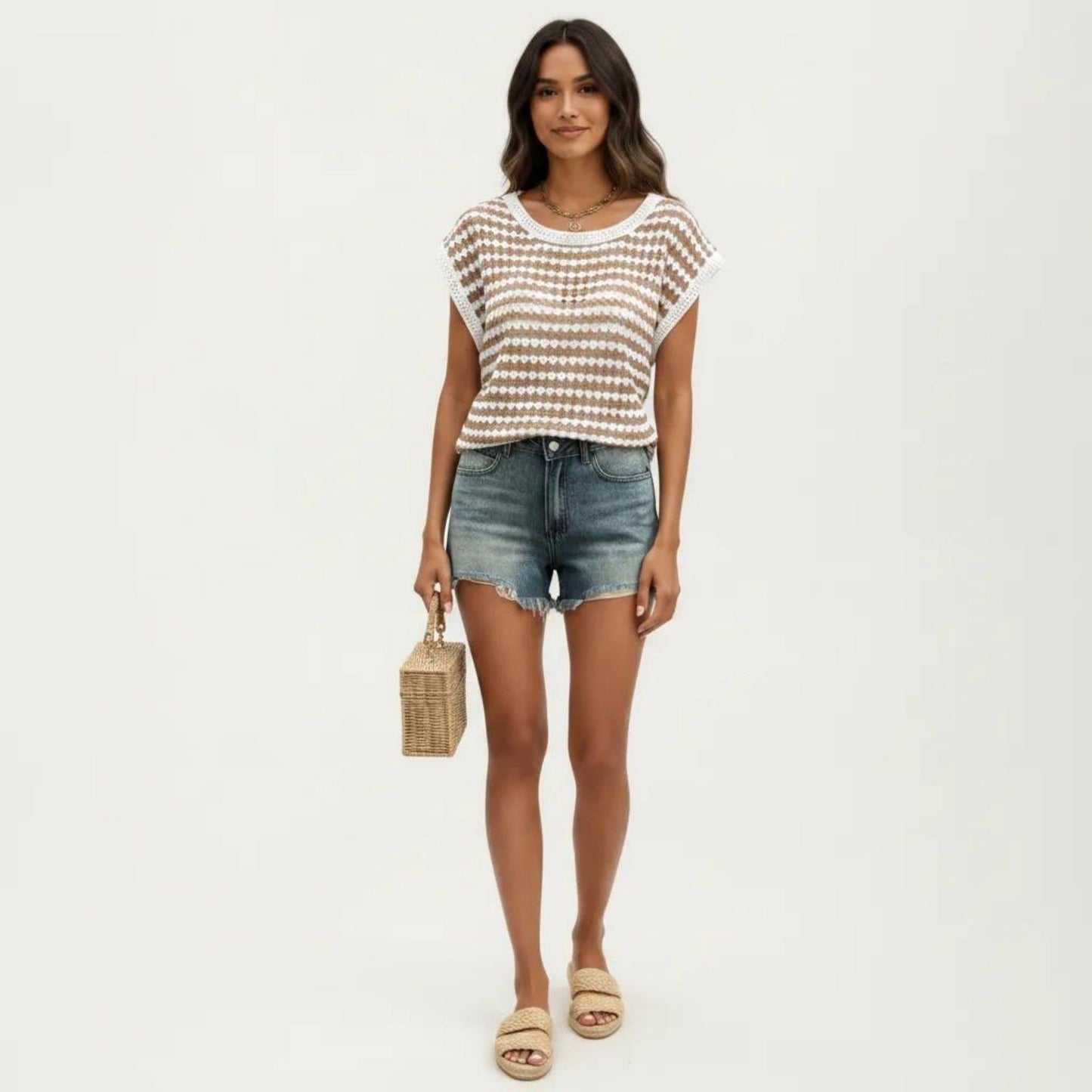 Short Sleeve Striped Crochet Knit Top with Open Stitch Texture and Relaxed Fit
