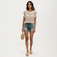 Short Sleeve Striped Crochet Knit Top with Open Stitch Texture and Relaxed Fit