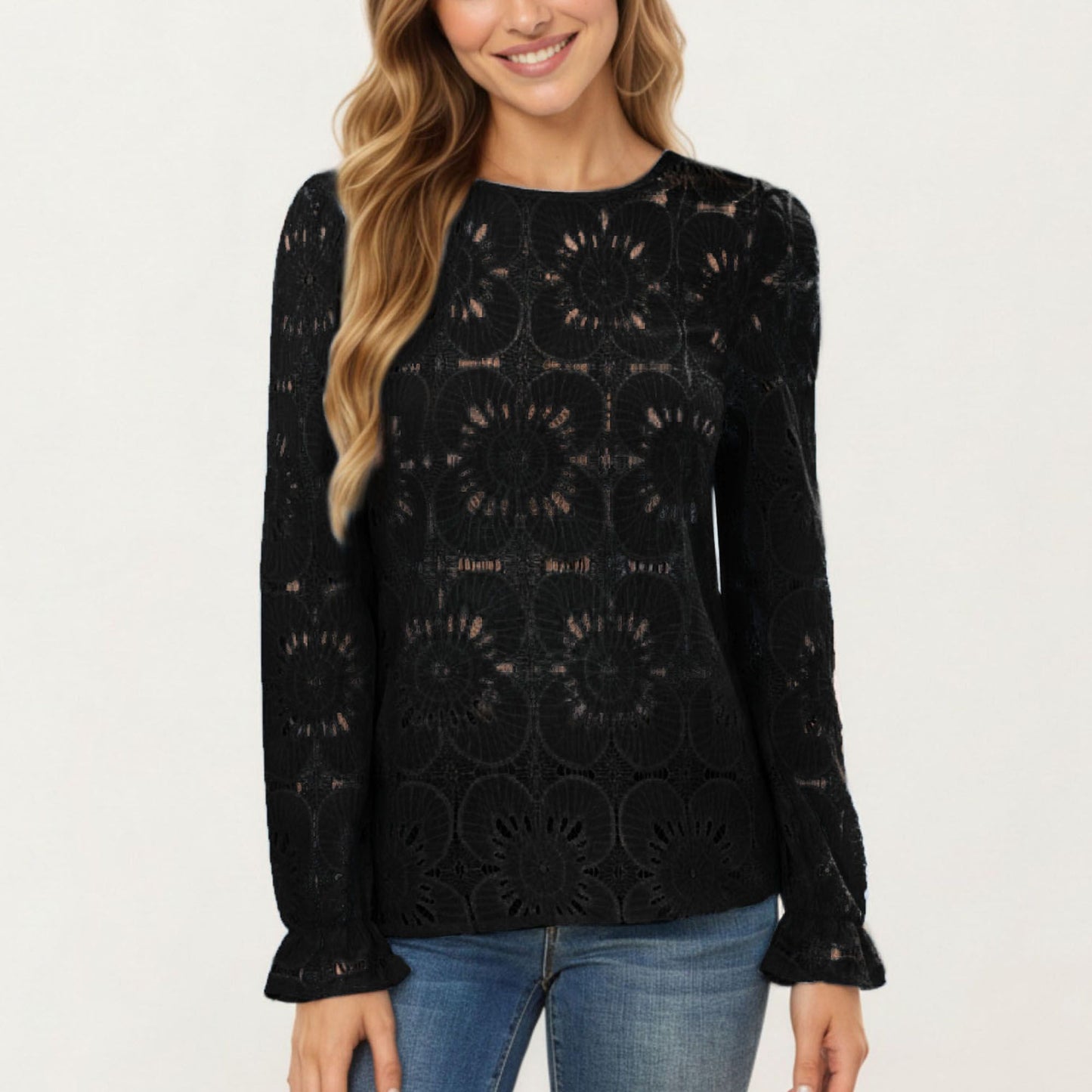 Floral Lace Long Sleeve Top with Intricate Openwork Pattern Soft Textured Fabric and Ruffled Cuff Detailing