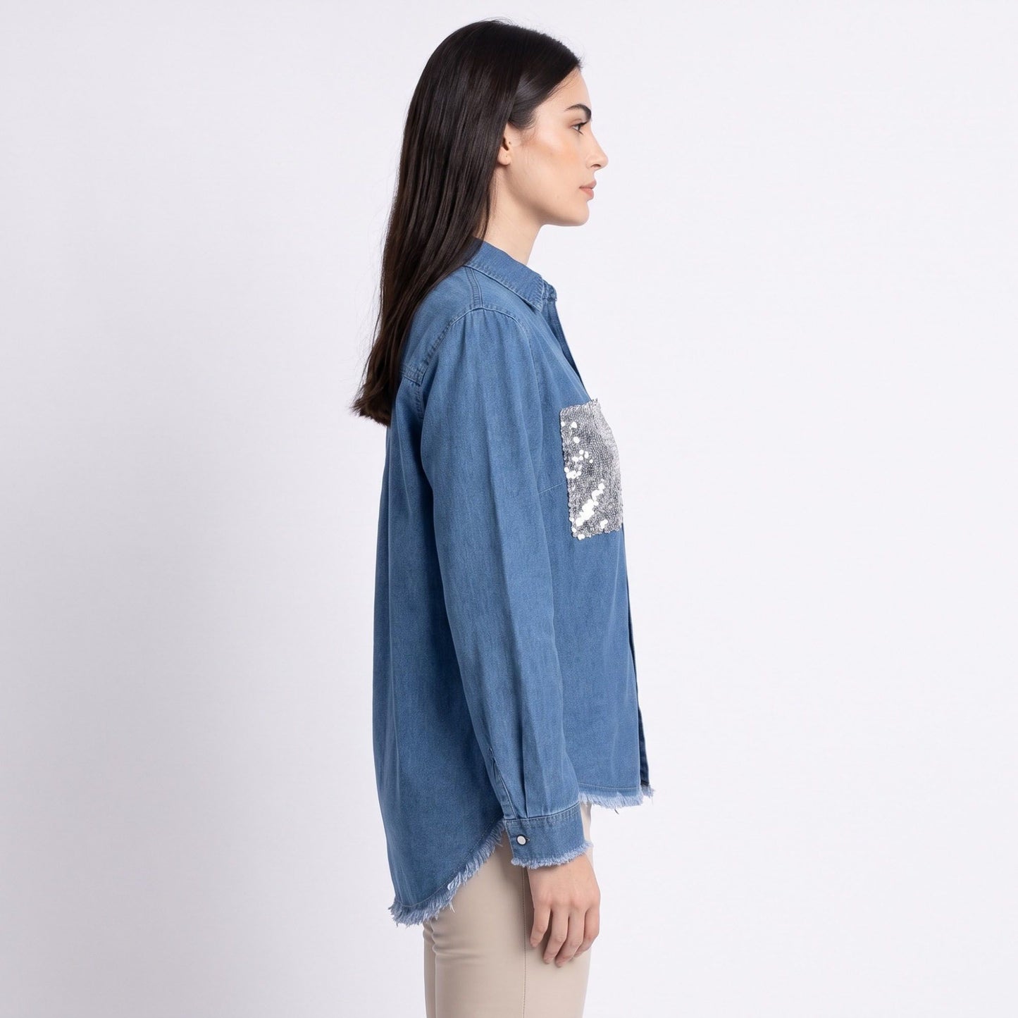 Sequin Denim Shirt Jacket Button Front Long Sleeve Frayed Hem Shacket