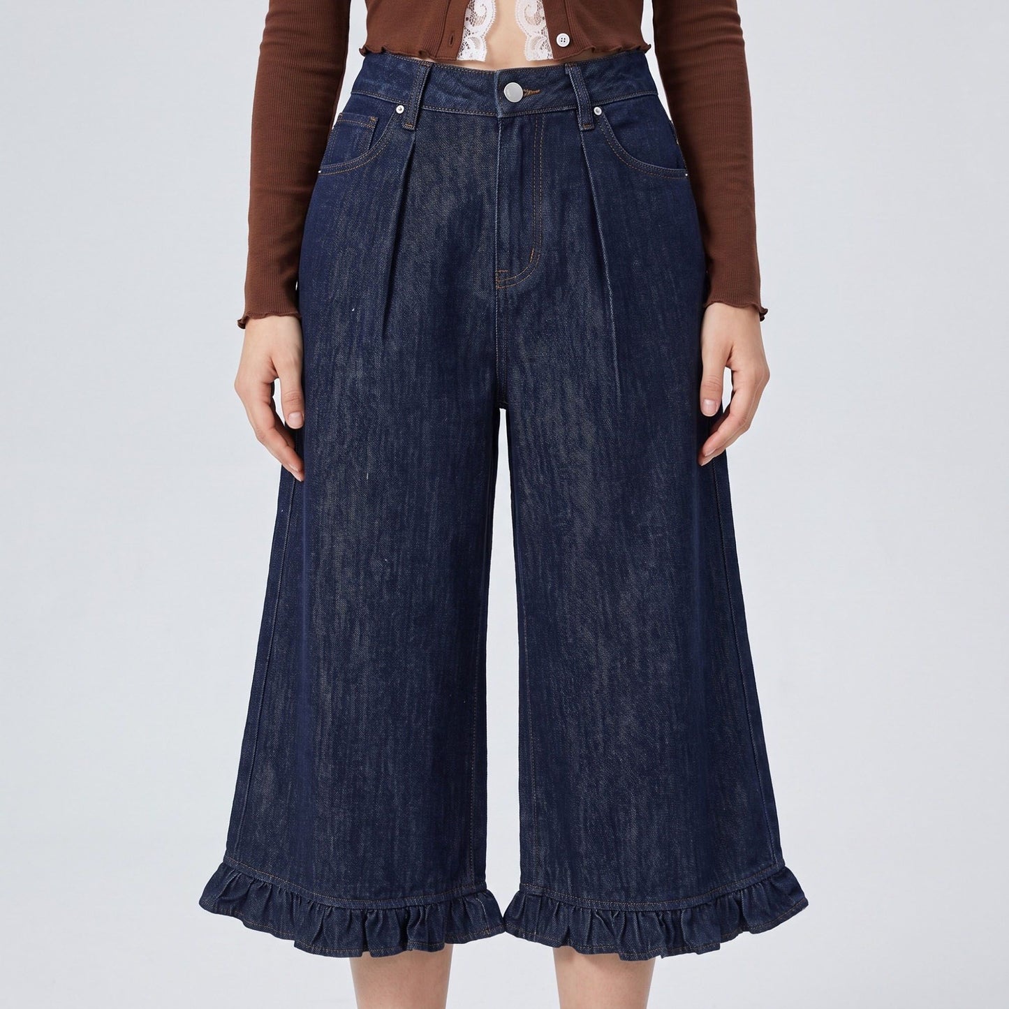 High-Waisted Dark Wash Ruffle Hem Cropped Wide-Leg Denim Trousers