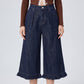 High-Waisted Dark Wash Ruffle Hem Cropped Wide-Leg Denim Trousers
