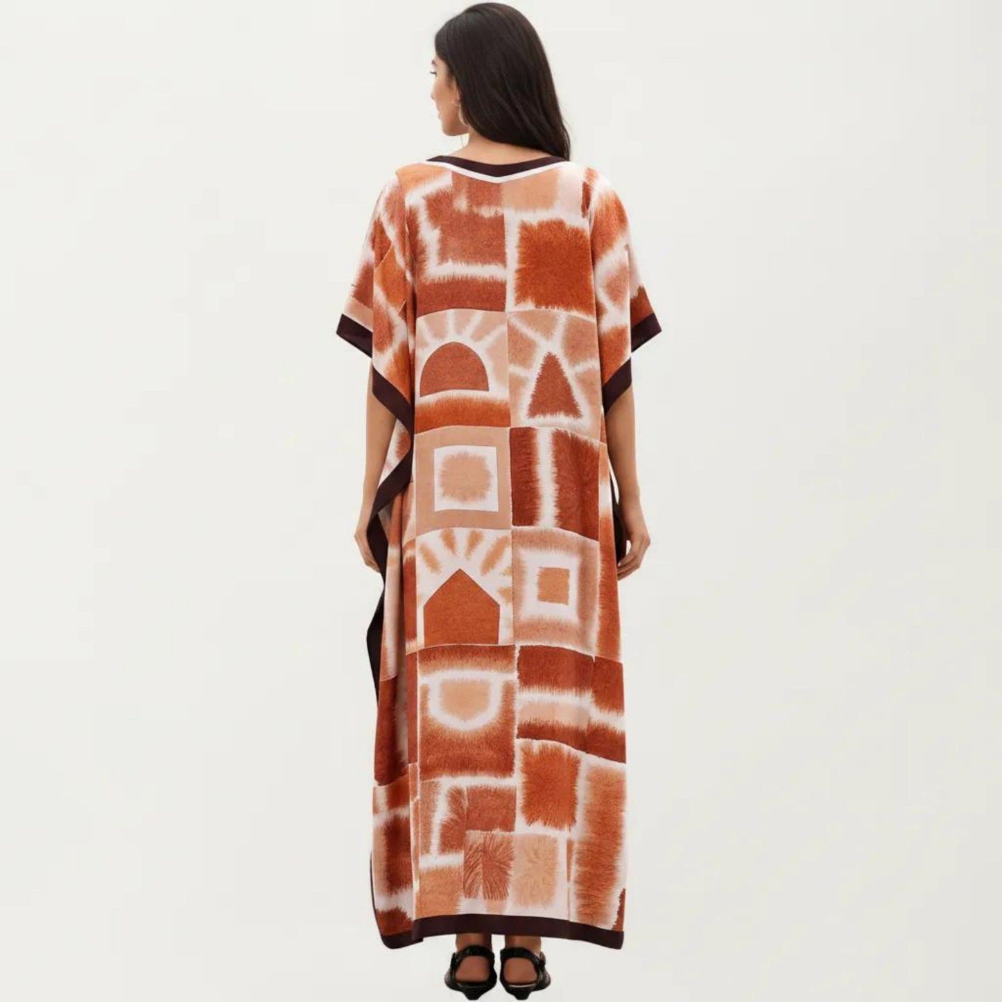 Abstract Print Maxi Caftan Dress with V-Neckline Short Sleeves and Relaxed Draped Silhouette