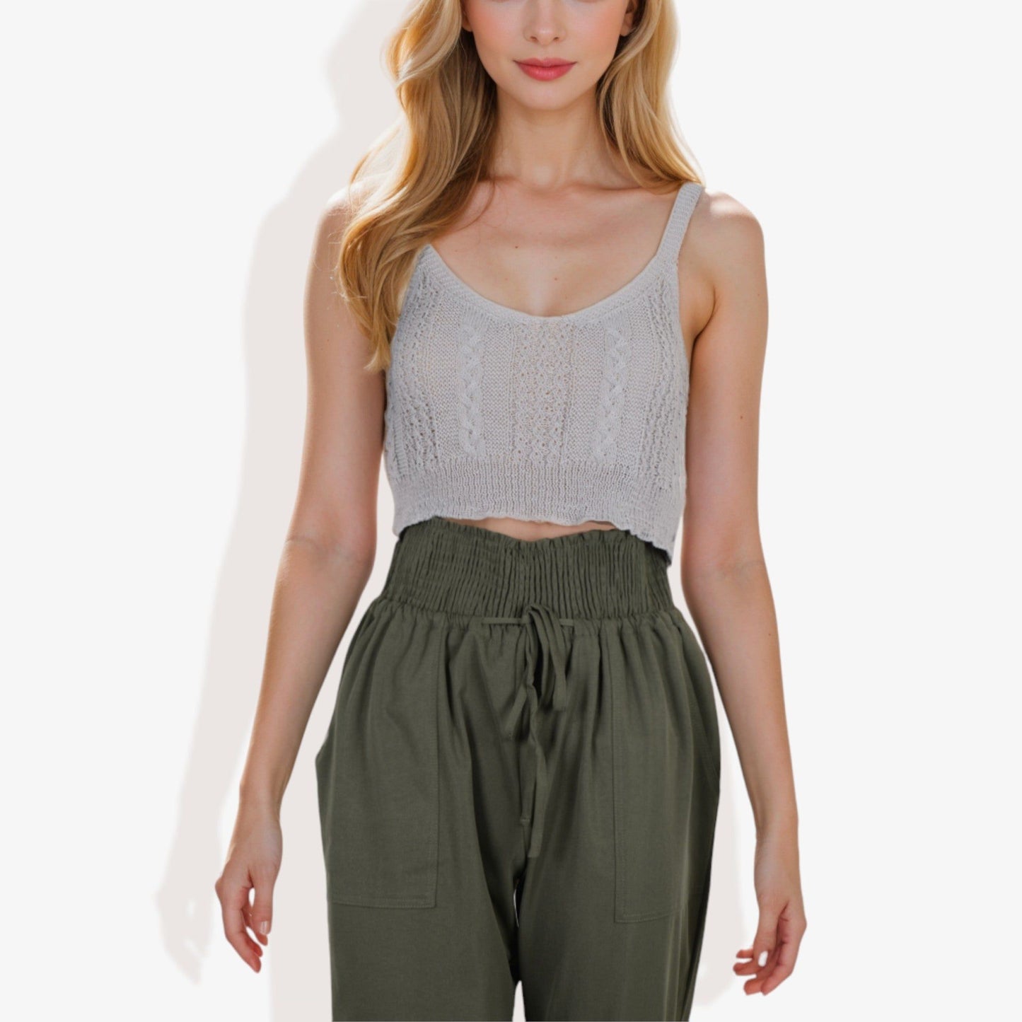 Knit Crop Top with Spaghetti Straps and Ribbed Hem