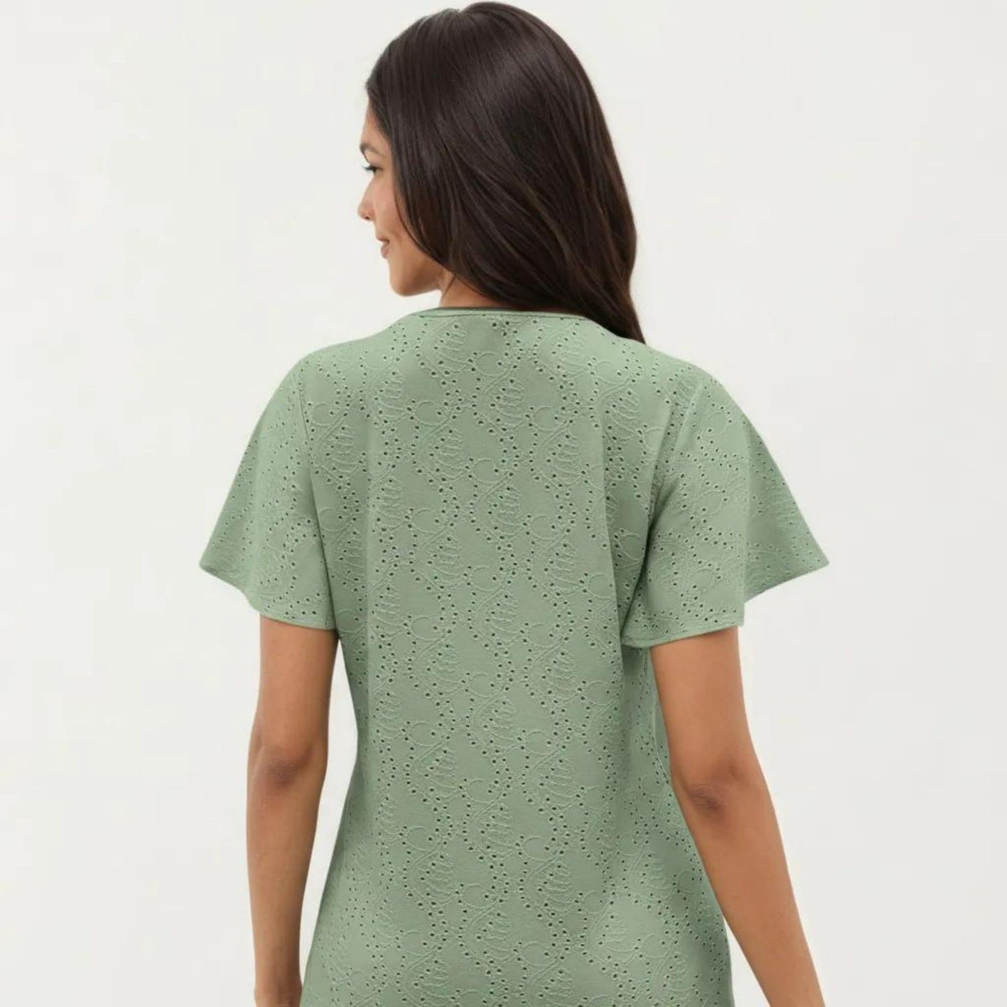 Short Sleeve Eyelet V-Neck Top with Floral Embroidery and Flutter Sleeves