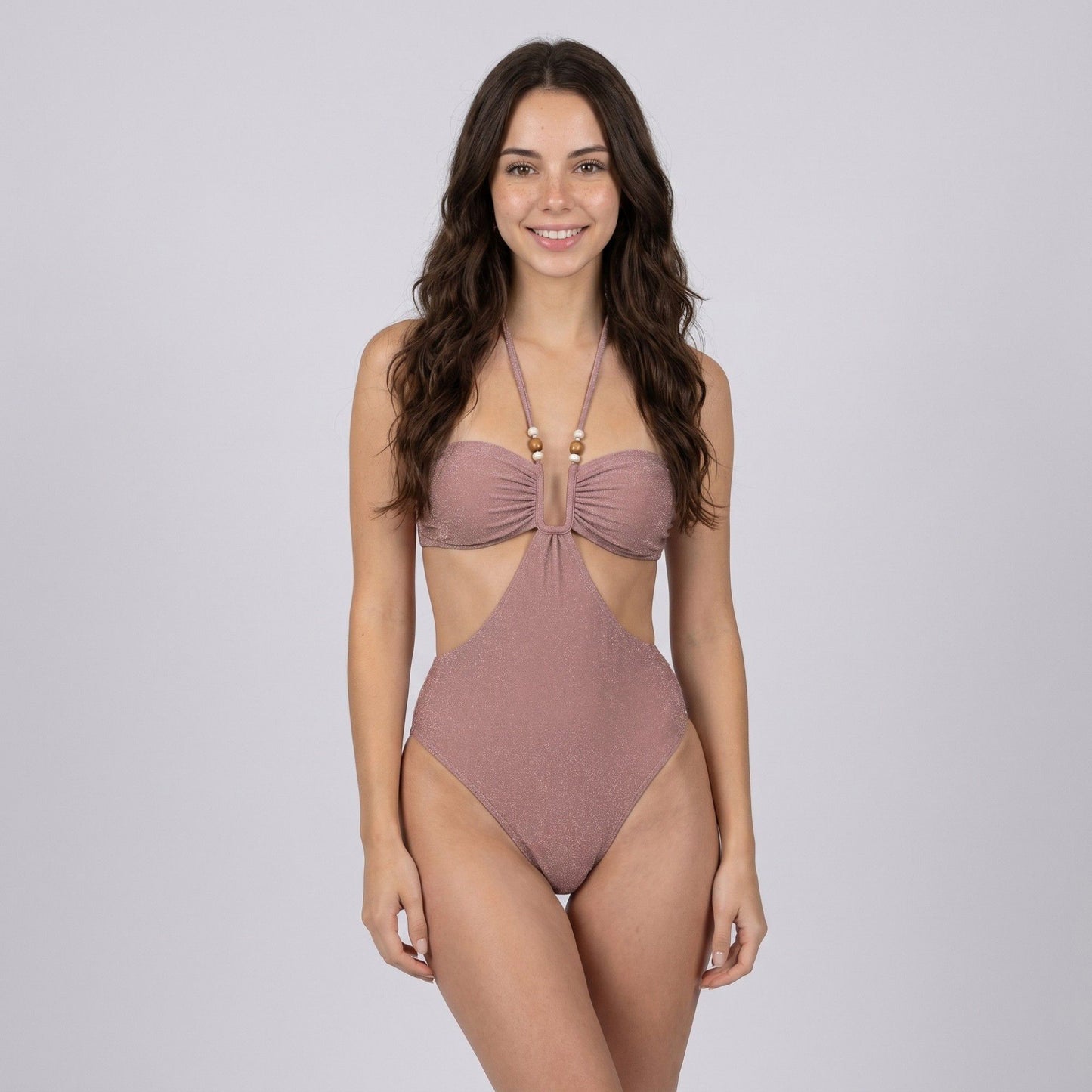 Shimmer Halter Cutout One Piece Swimsuit with Beaded Strap Detail Ruched Bust and High Cut Leg
