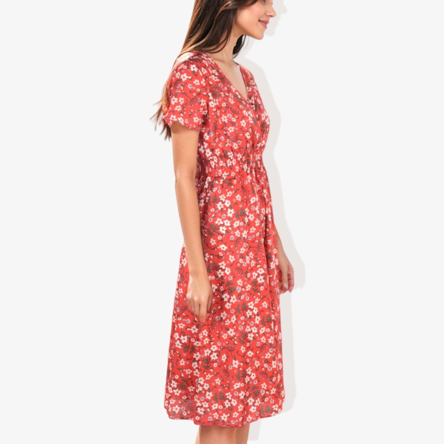 Cross Front Floral Print Dress with Smocked Waist