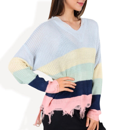 Long Sleeve Distressed Knit V-Neck Sweater with Stripes