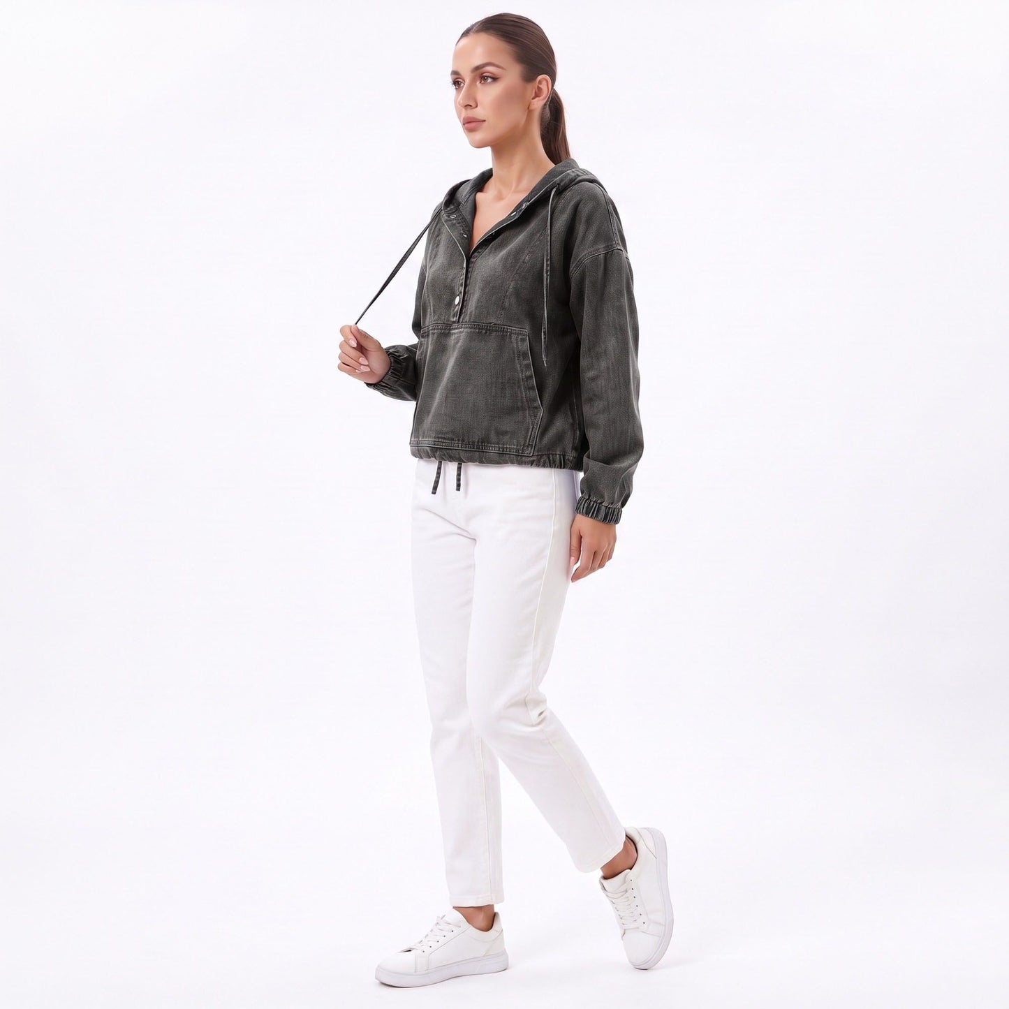 Washed Denim Hooded Pullover Jacket Long Sleeve Kangaroo Pocket Casual Outerwear