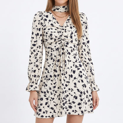 Floral Print Mini Dress V Neck Ruched Long Sleeve A Line Dress