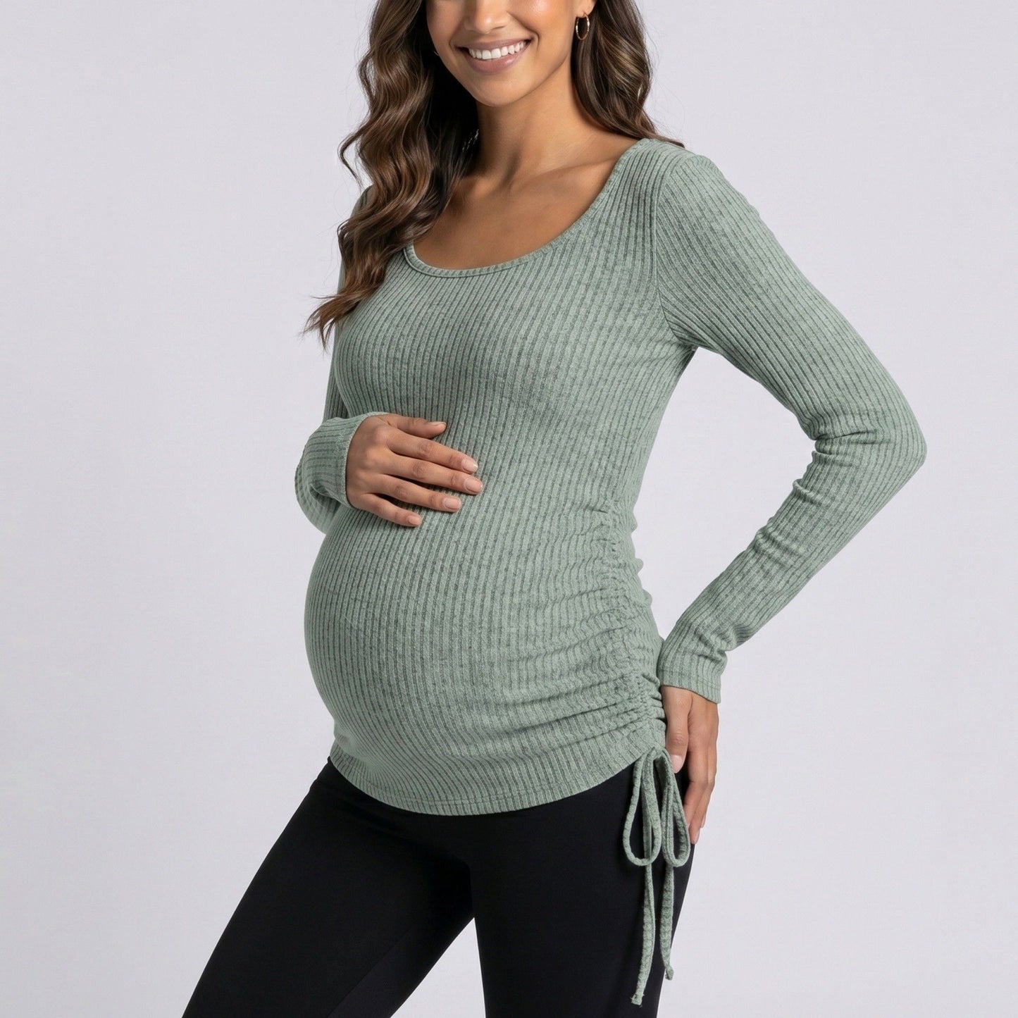 Maternity Ribbed Long Sleeve Top with Scoop Neck and Side Ruched Tie Detail