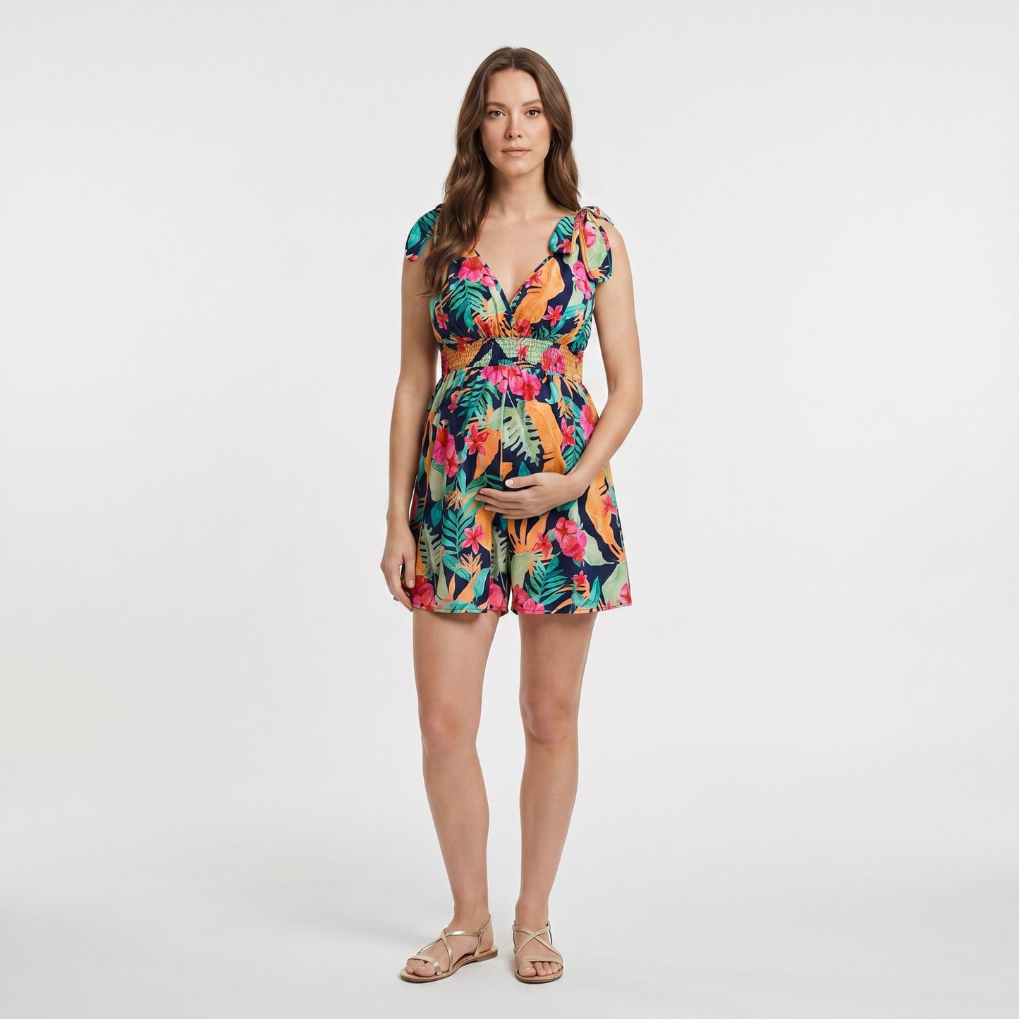 Tropical Print Maternity Romper with V-Neck and Smocked Empire Waist