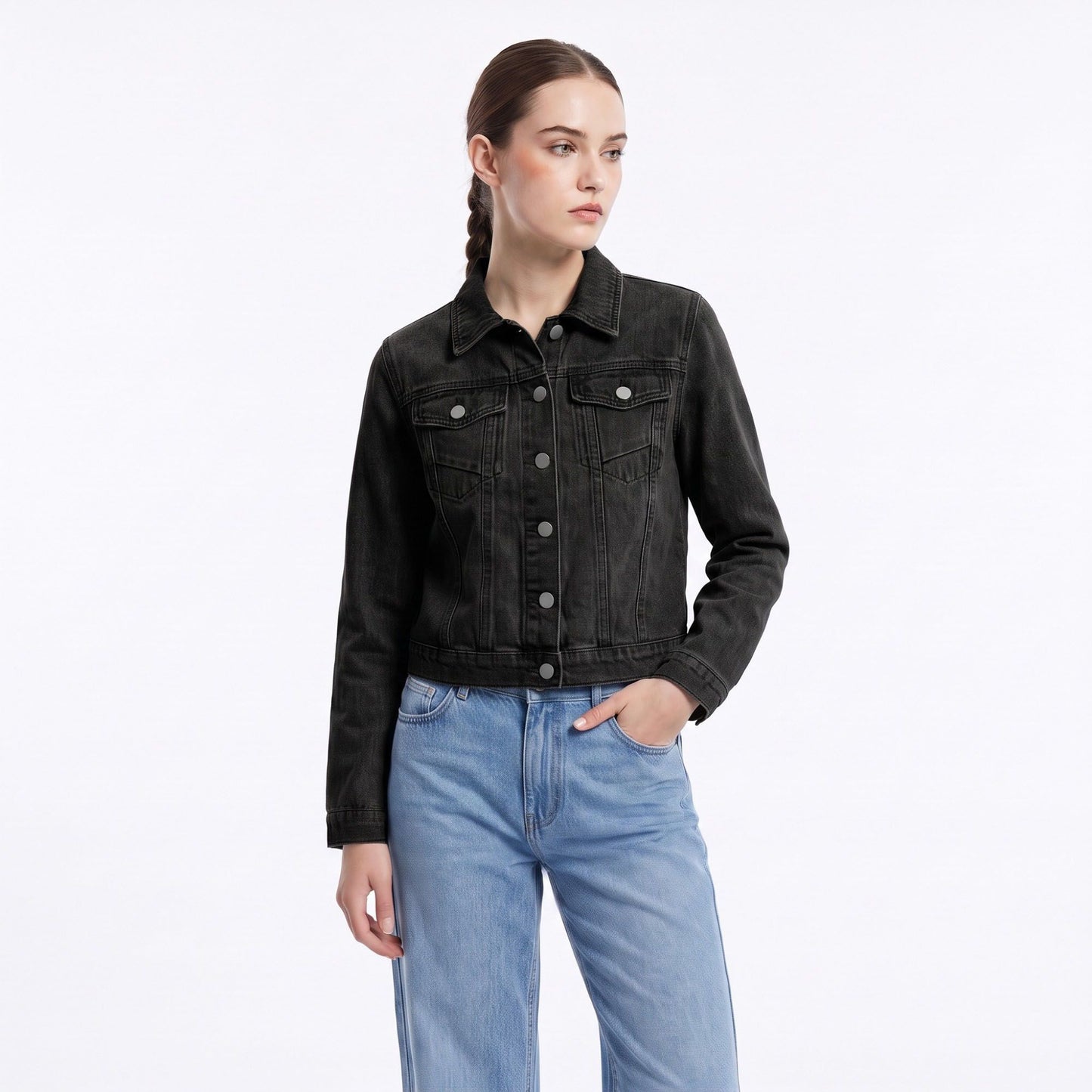 Classic Denim Jacket Long Sleeve Button Front Trucker Jacket with Chest Pockets