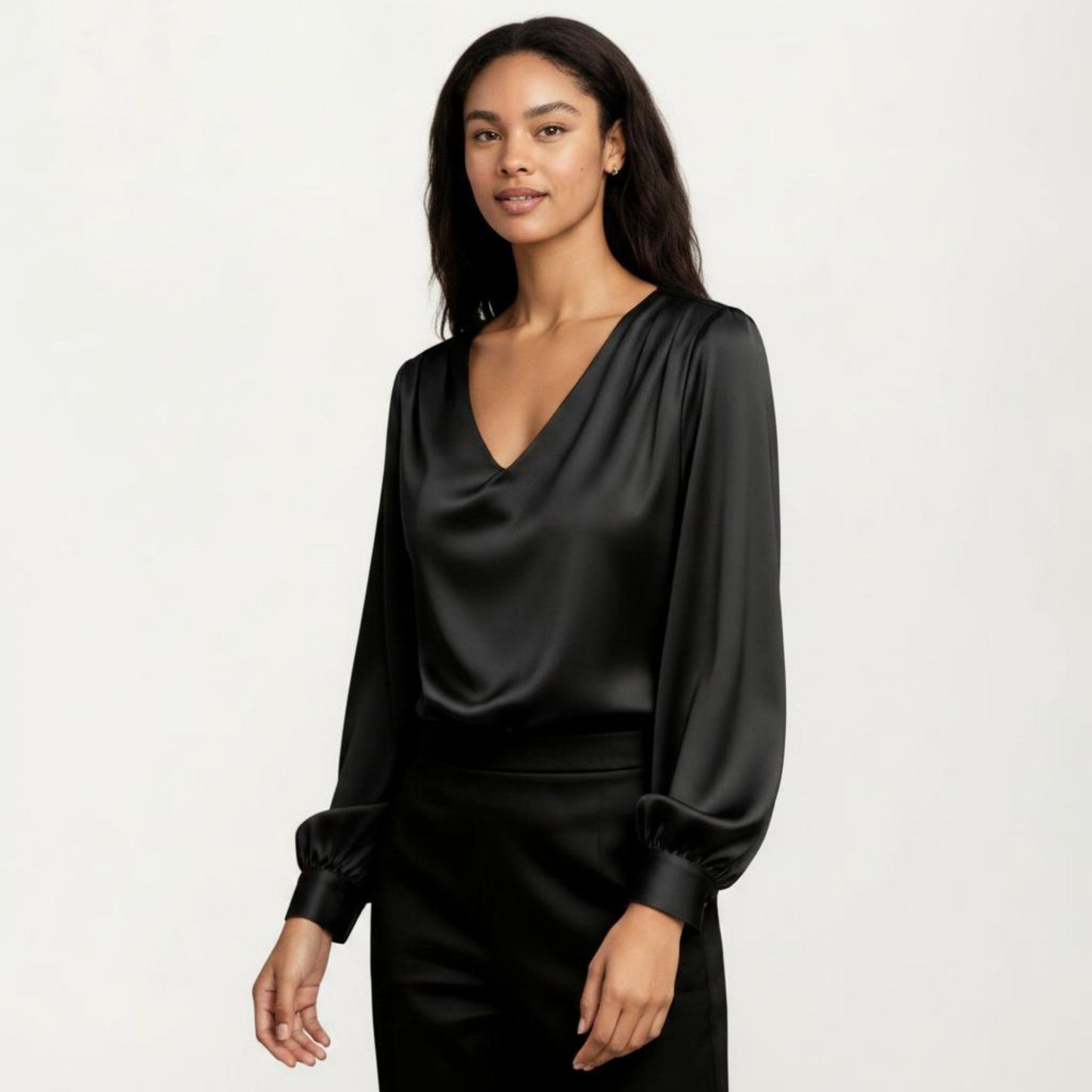 Satin V-Neck Blouse with Long Balloon Sleeves and Wide Cuffs