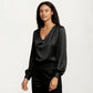 Satin V-Neck Blouse with Long Balloon Sleeves and Wide Cuffs
