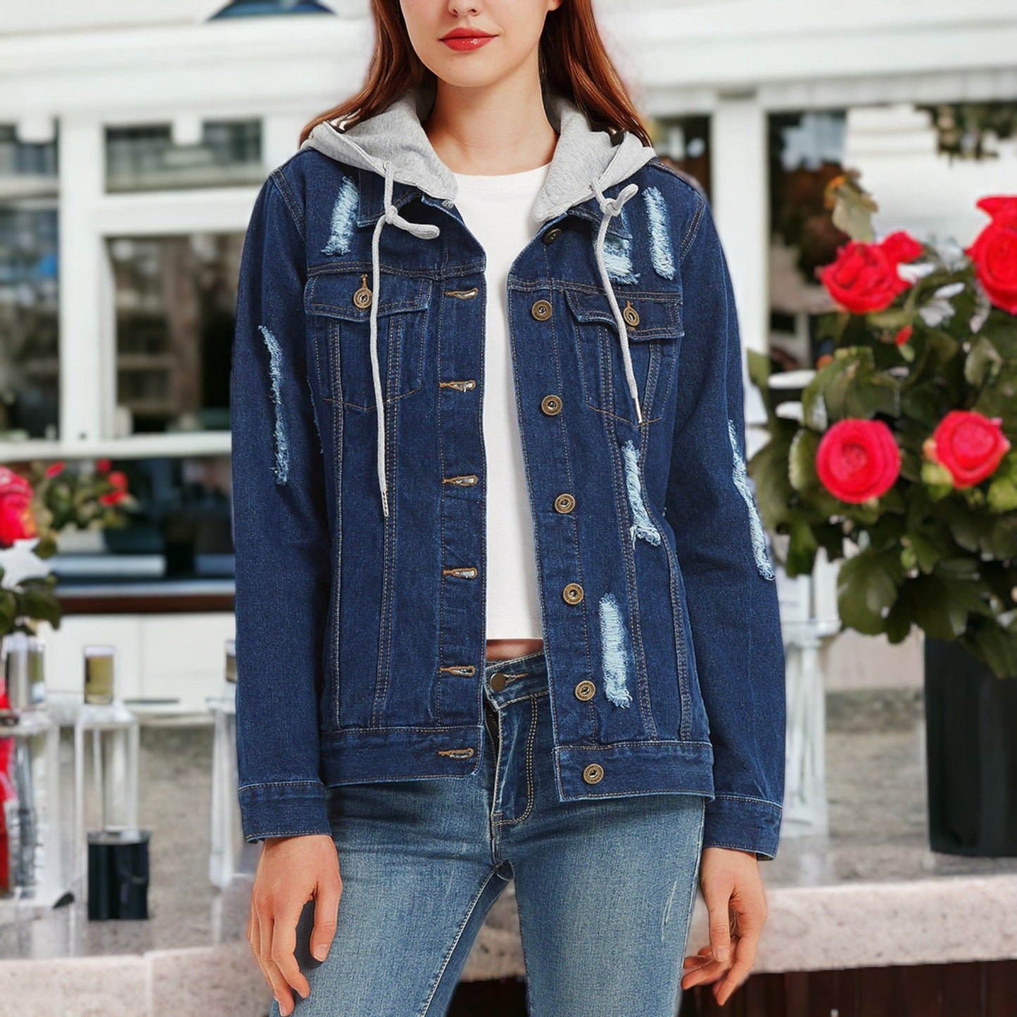 Detachable Hoodie Denim Distressed Jean Jacket