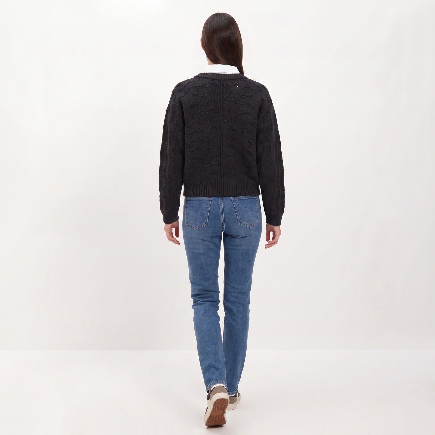 Wavy Pointelle Button-Front Long Sleeve Knit Cardigan