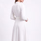 Long Sleeve Notched Collar Midi Dress with Defined Waist and Flared Skirt