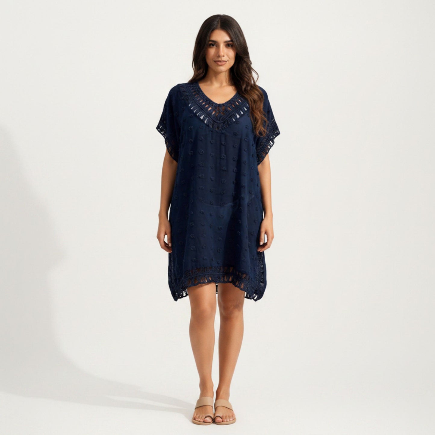 Sheer Crochet Trim Cover Up Dress with Tassel Detail Relaxed Fit and Short Sleeves