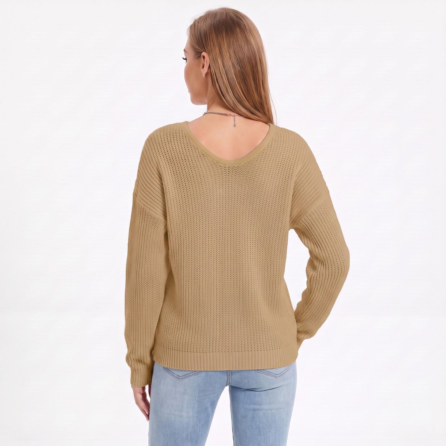 V Neck Textured Knit Pullover Sweater with Long Sleeves