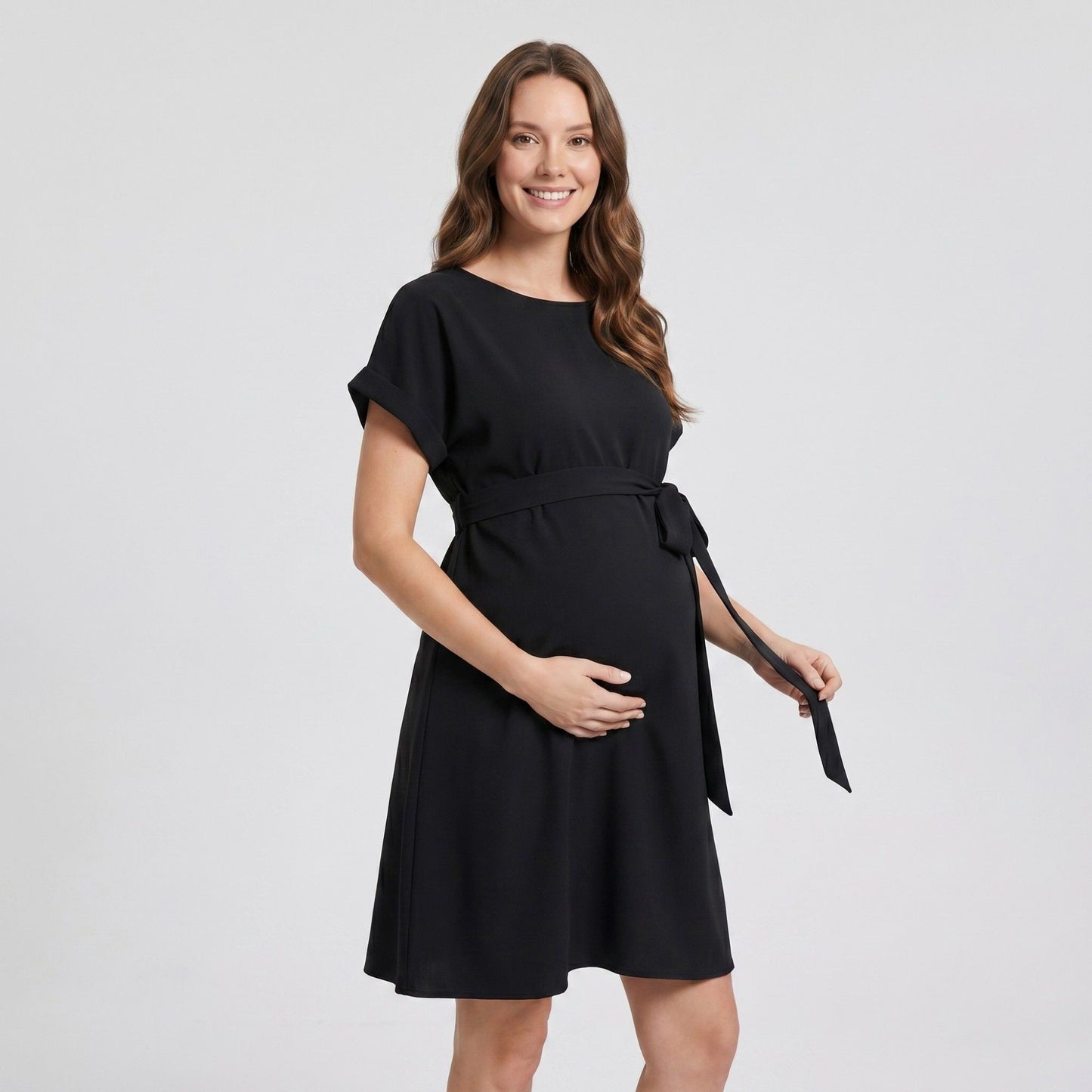 Maternity Short Sleeve Dress with Tie Waist and Relaxed A-Line Fit