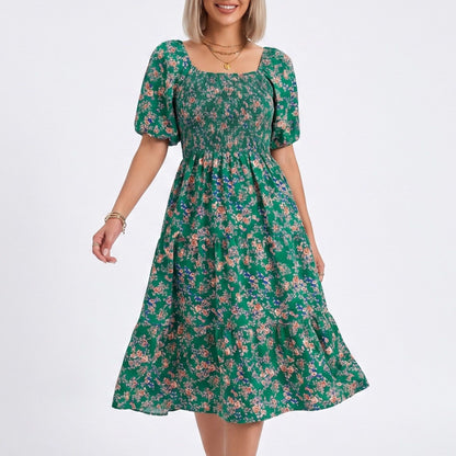 Floral Square Neck Smocked Bodice Tiered Midi Dress