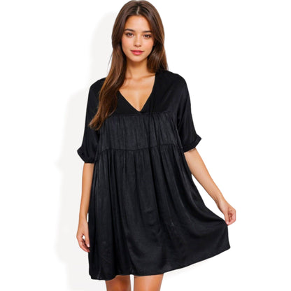 V-Neck Short Sleeve Babydoll Dress with Flowing Silhouette