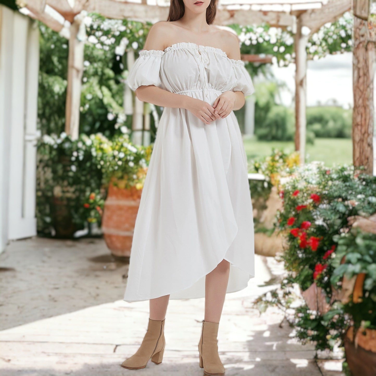 Casual Boho Lantern Sleeve Off Shoulder Fairy Midi Dress