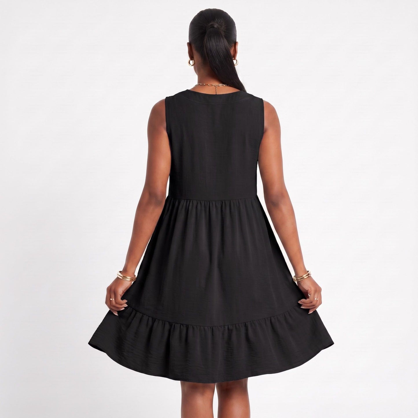 Sleeveless V-Neck Babydoll Ruffle Hem Dress with Pockets